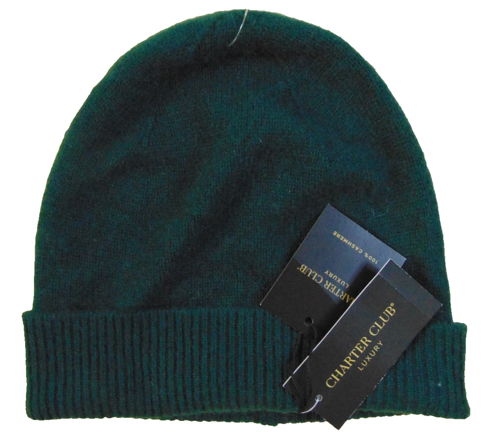 Charter Club women's 100% Cashmere Cuffed Beanie -Deep Pine Green -NWT